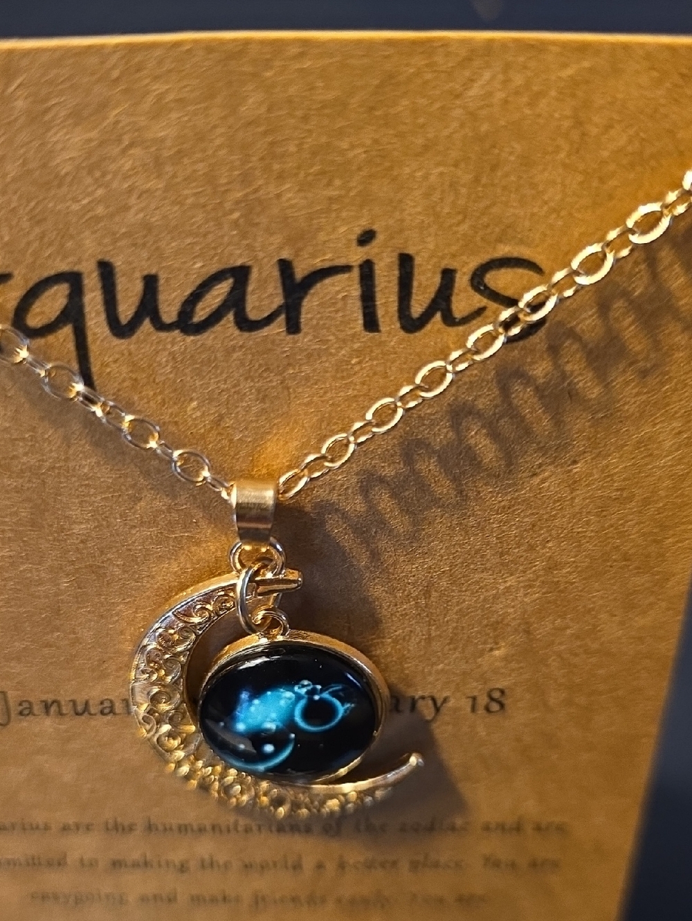 Aquarius Gold-Tone Crescent Moon Necklace with Black Zodiac Pendant - Picture 5 of 9